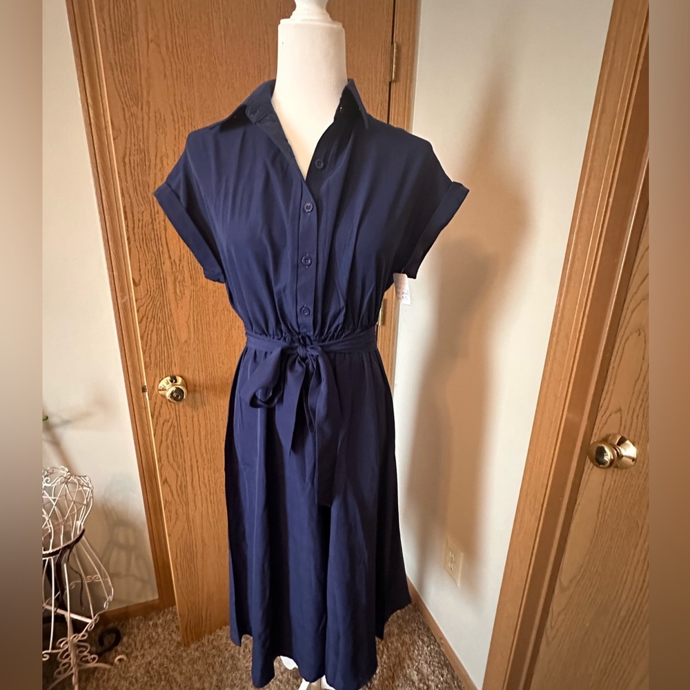 Elegant Navy Blue Shirt Dress- Small- NWT